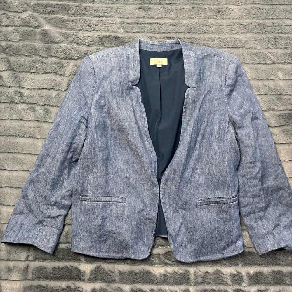 LOFT Women Blue Linen Blend Open Front Collarless Blazer Jacket Size 12